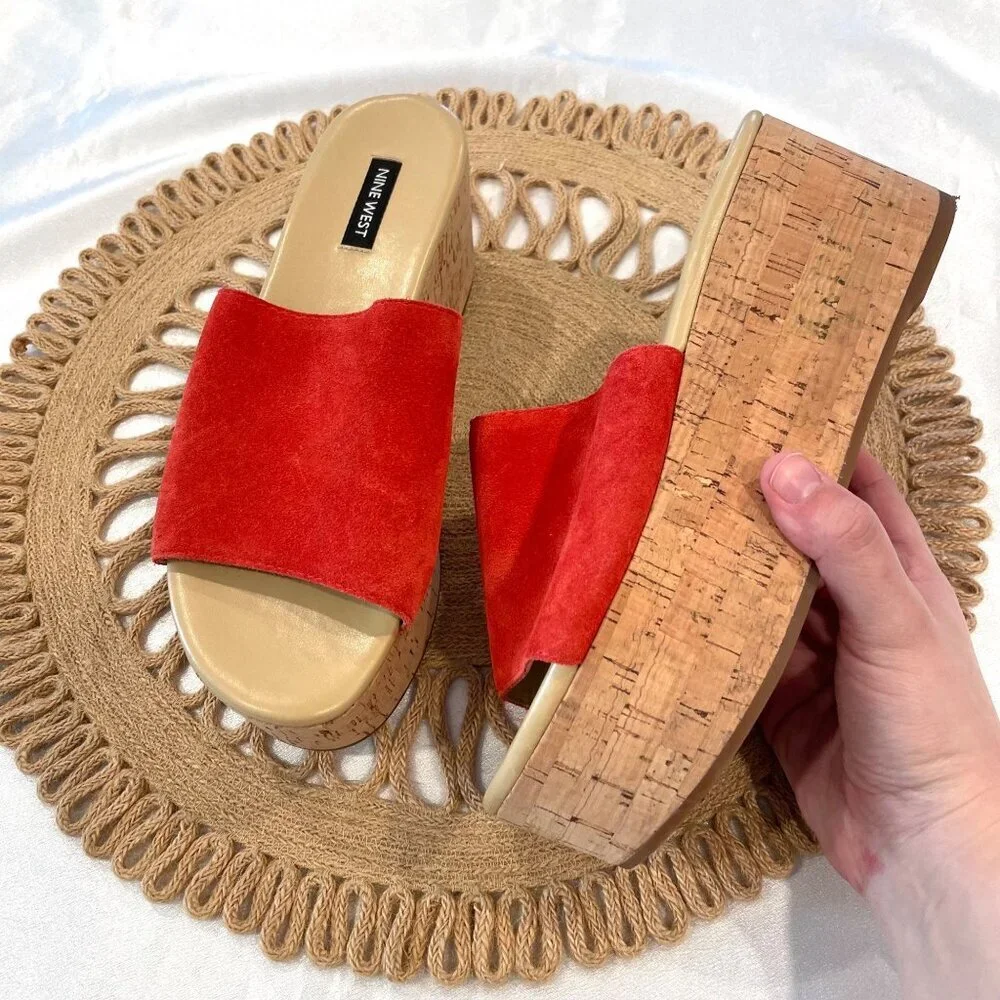 Nine West Vale Orange/Red Suede Flatform Sandals Vale Size 8.5